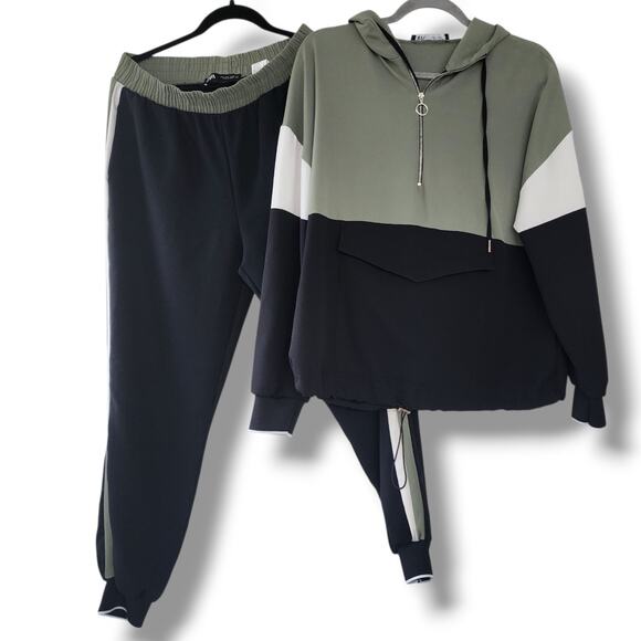 Zara Tracksuit Set Anorak Hoodie Parka Jacket Pants Size M/ L Colorblock Olive - Picture 1 of 12